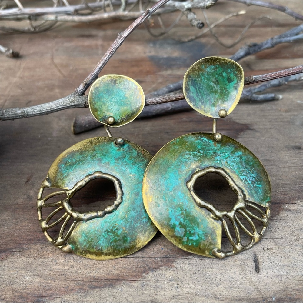 RARE Brutalist Anne Dick Vintage Large Patina Dangle Hoop Earrings